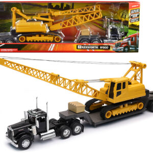 Kenworth W900 Truck with Lowboy Trailer Black and Crane Yellow "Long Haul Trucker" Series 1/32 Diecast Model by New Ray