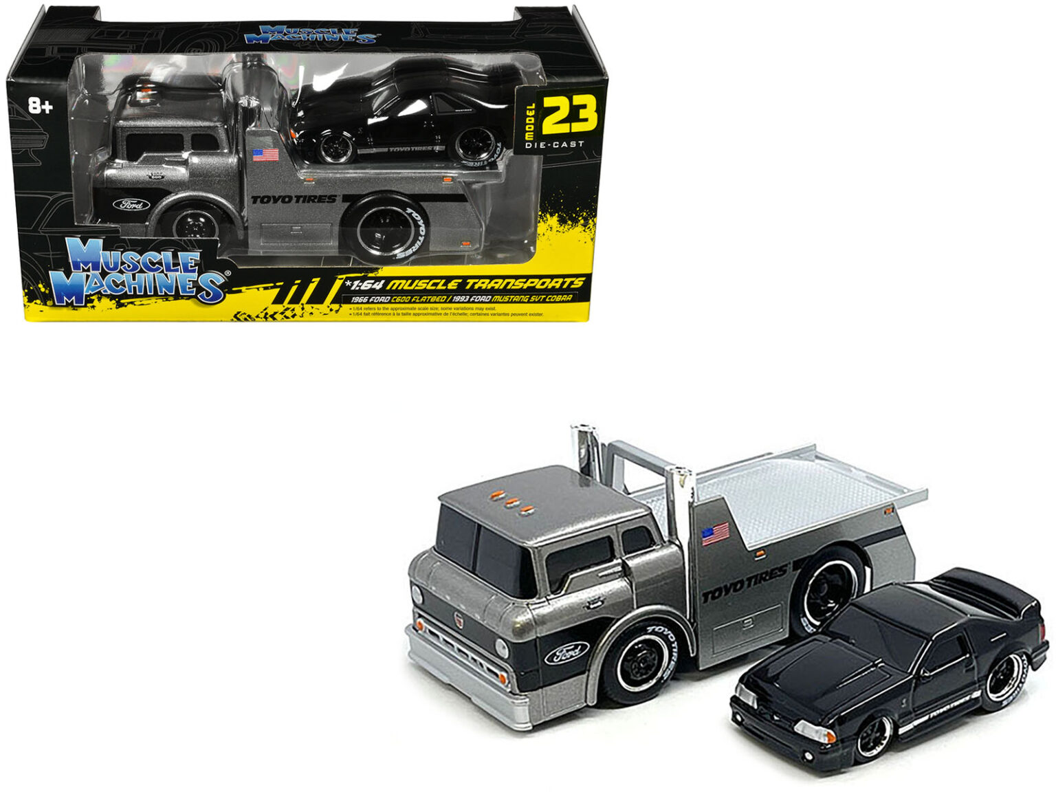 1966 Ford C600 Flatbed Truck Gray Metallic and 1993 Ford Mustang SVT Cobra Black Toyo Tires Muscle Transports Series 1/64 Diecast Models by Muscle Machines