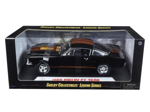 1966 Ford Mustang Shelby GT 350 Hertz Black with Gold Stripes and Racing Wheels 1/18 Diecast Model Car by Shelby Collectibles