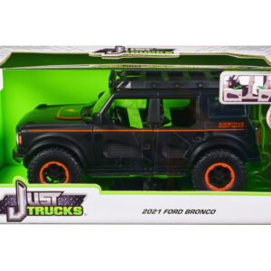 2021 Ford Bronco Matt Black with Orange Stripes and Roof Rack Addictive Desert Designs Just Trucks Series 1/24 Diecast Model Car by Jada