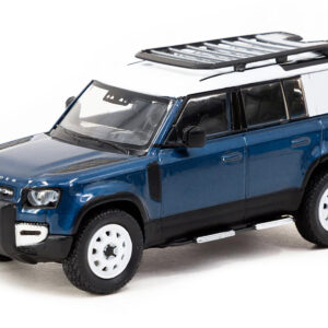 Land Rover Defender 110 Blue Metallic with White Top and Roof Rack "Global64" Series 1/64 Diecast Model by Tarmac Works