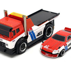 JDM Flatbed Truck #46 Red and White with Blue Stripes and 1972 Datsun 240Z #46 Red and White with Blue Stripes "BRE" "Muscle Transports" Series 1/64 Diecast Models by Muscle Machines
