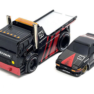 JDM Flatbed Truck #25 Black and Red and 1983-85 Toyota Trueno Sprinter (AE86) #25 Black and Red "Advan" Livery "Muscle Transports" Series 1/64 Diecast Models by Muscle Machines