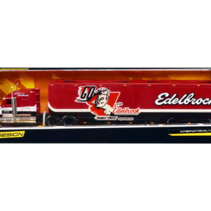 International LoneStar Enclosed Car Transporter "Edelbrock" Red with Black and White Stripes "Custom Haulers" Series 1/64 Diecast Model by Maisto