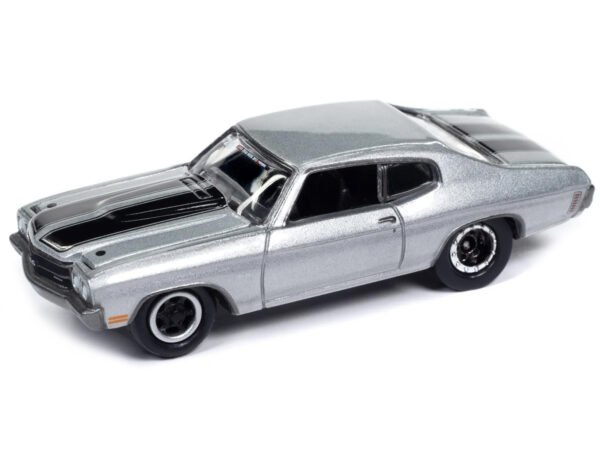 1970 Chevrolet Chevelle SS Silver Metallic with Black Stripes "Drag & Drive" with V-Nose Travel Trailer "Tow & Go" Series 1/64 Diecast Model Car by Johnny Lightning