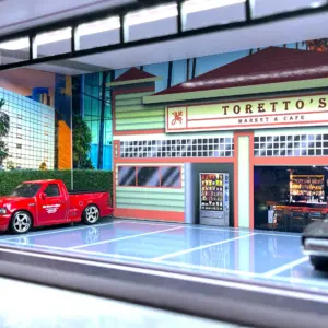Toretto Cafe Diorama with Mitsubishi Eclipse Green and Ford F-150 SVT Lightning Red "Fast and Furious" "Nano Scene" Series Model by Jada