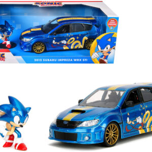 2012 Subaru Impreza WRX STI Blue Metallic with Graphics and Sonic The Hedgehog Diecast Figure "Sonic The Hedgehog" "Hollywood Rides" Series 1/24 Diecast Model Car by Jada
