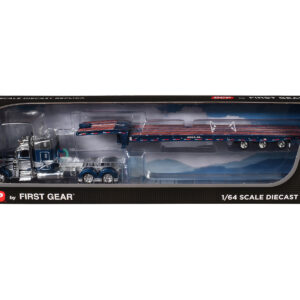 Peterbilt 389 with 48" Mid-Roof Sleeper and Talbert 5553T Traveling Axle Trailer Rich Blue and Silver 1/64 Diecast Model by DCP/First Gear