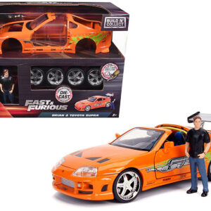 Model Kit Toyota Supra Metallic Orange with Brian Diecast Figure Fast & Furious Movie Build N' Collect 1/24 Diecast Model Car by Jada