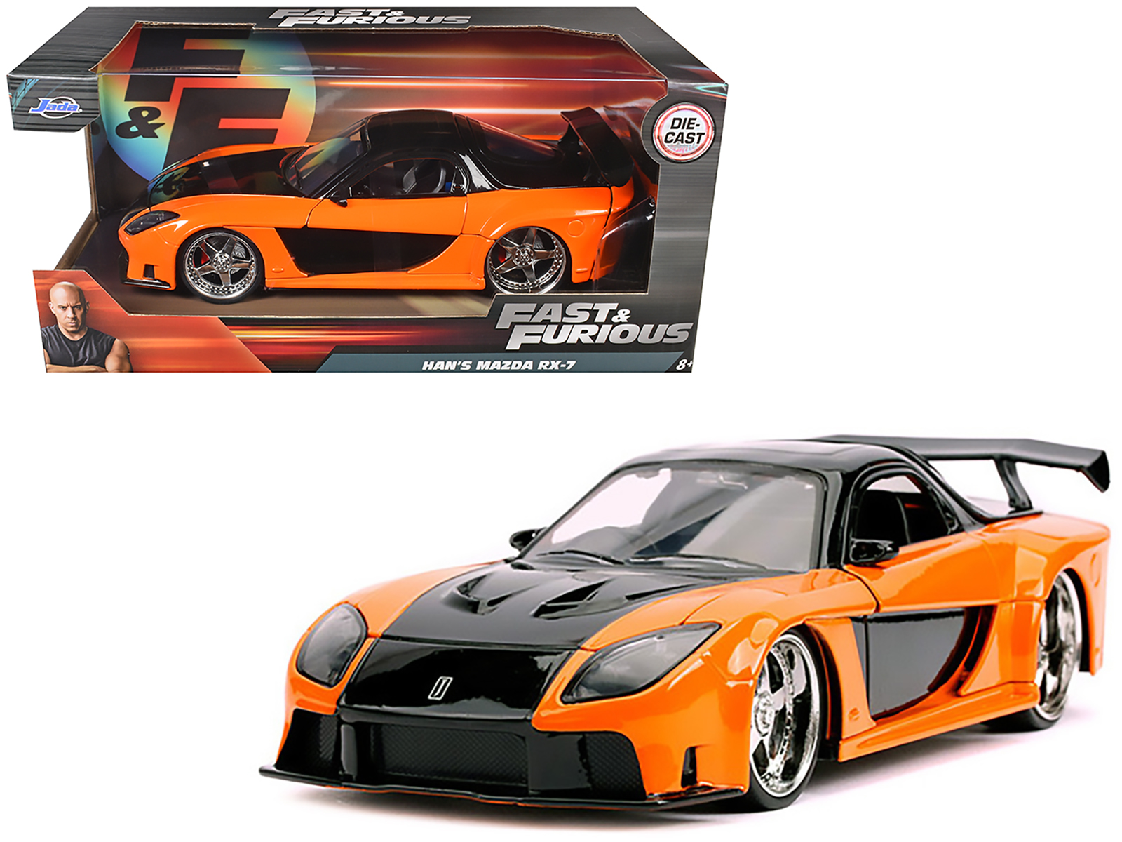 Han's Mazda RX-7 RHD (Right Hand Drive) Orange and Black Fast & Furious Movie 1/24 Diecast Model Car by Jada