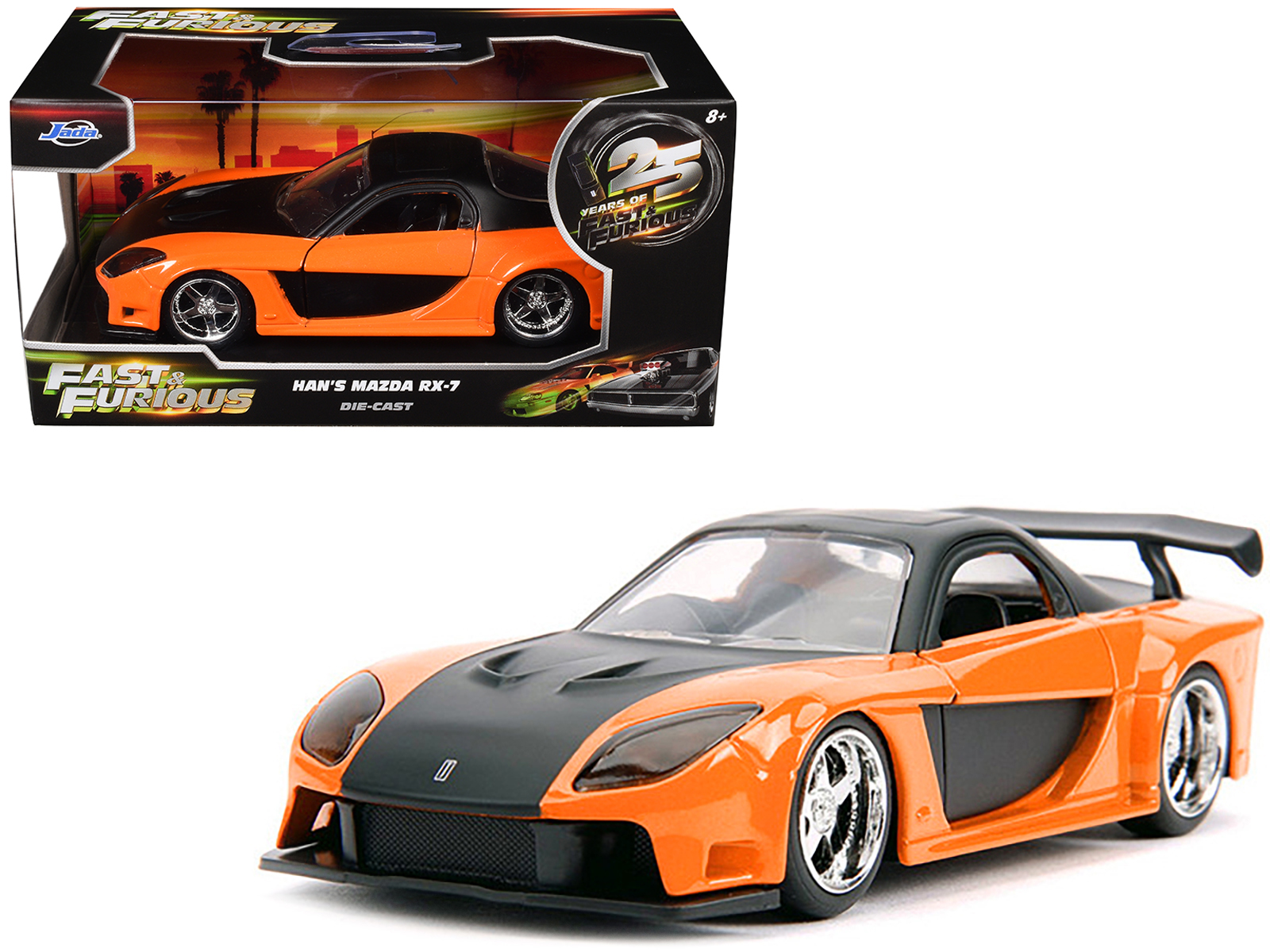 Han's Mazda RX-7 RHD (Right Hand Drive) Orange Metallic and Black 25 Years of Fast & Furious The Fast and the Furious: Tokyo Drift (2006) Movie Fast & Furious Series 1/32 Diecast Model Car by Jada