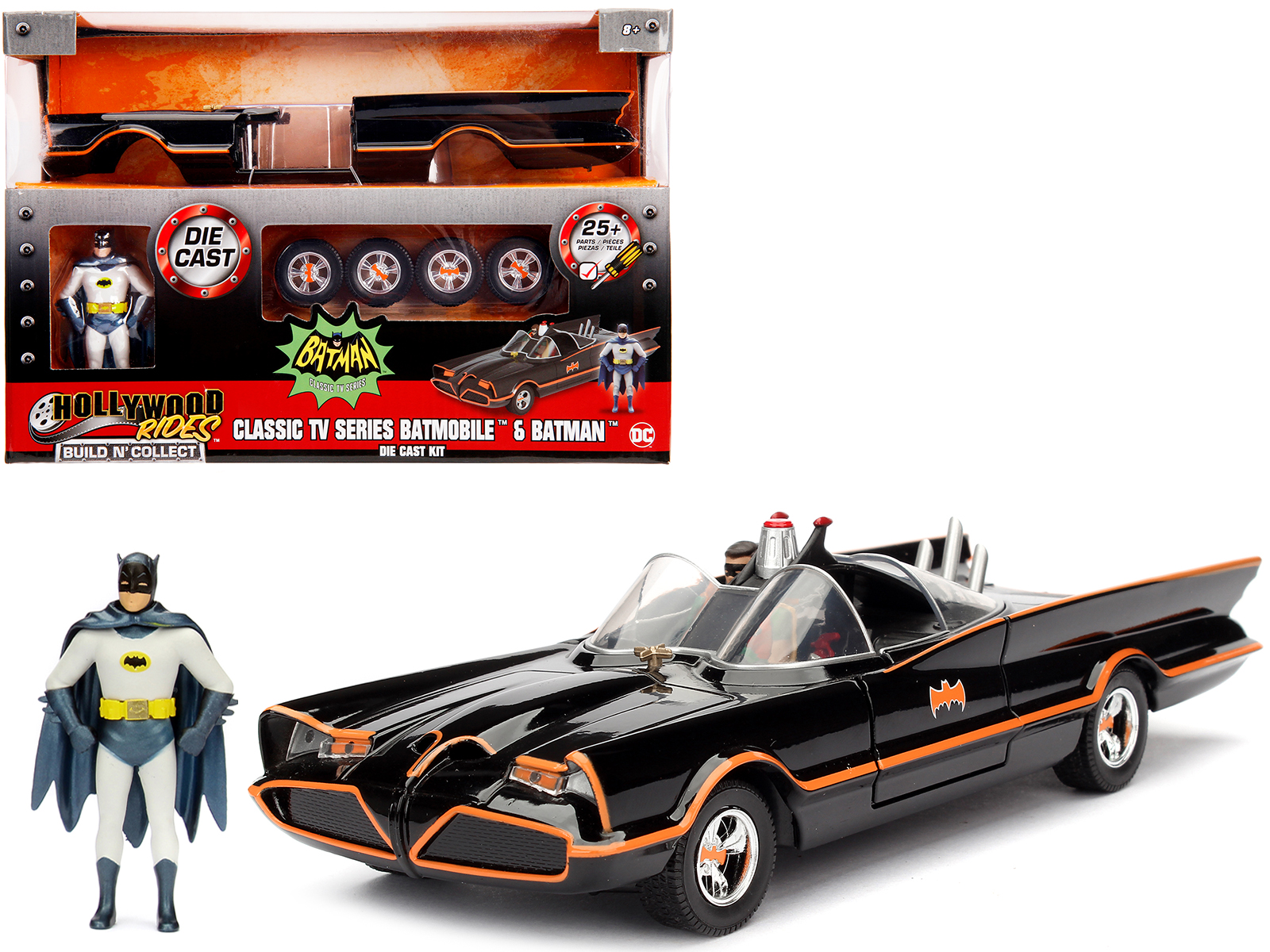 Model Kit Classic Batmobile Black with Batman Diecast Figure Batman (1966-1968) TV Series Build N' Collect 1/24 Diecast Model Car by Jada