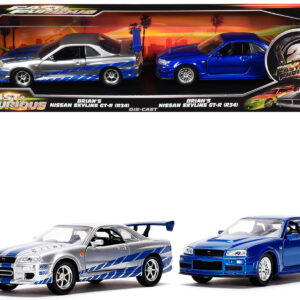 Brian's Nissan Skyline GT-R (BNR34) Silver with Blue Stripes and Nissan GT-R (BNR34) Blue Metallic Set of 2 pieces 25 Years of Fast & Furious Series 1/32 Diecast Model Cars by Jada