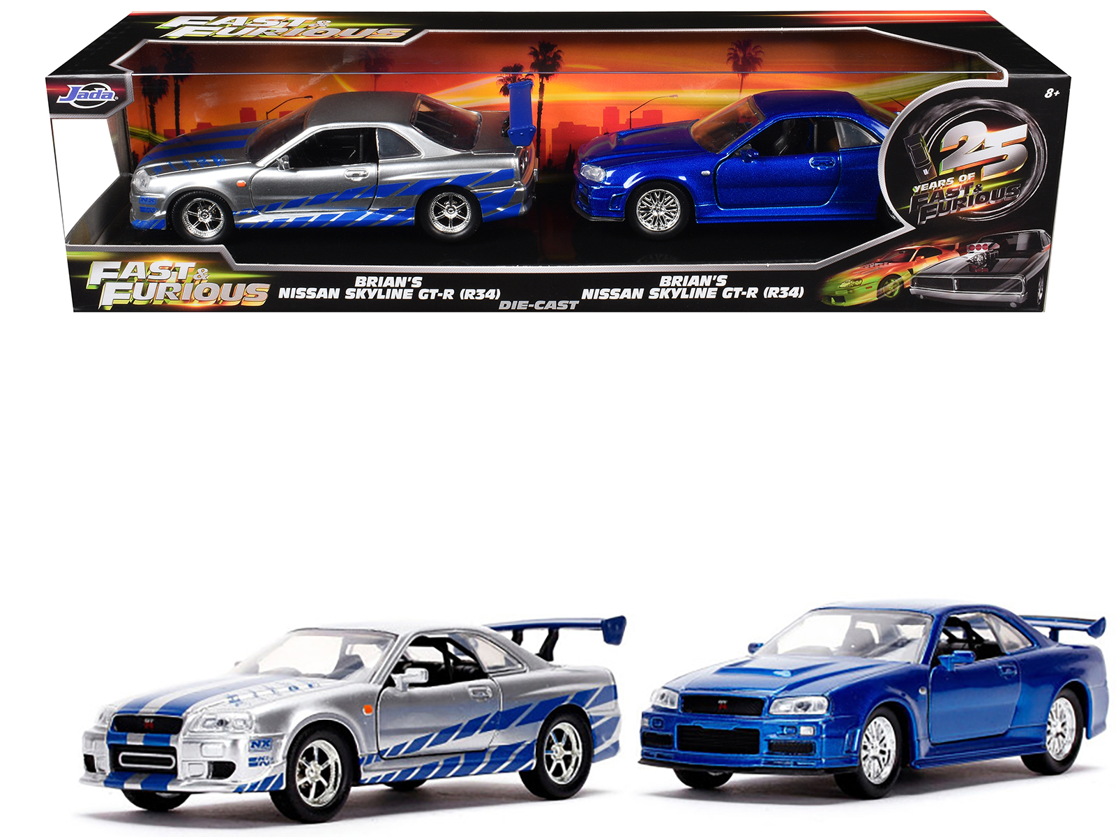 Brian's Nissan Skyline GT-R (BNR34) Silver with Blue Stripes and Nissan GT-R (BNR34) Blue Metallic Set of 2 pieces 25 Years of Fast & Furious Series 1/32 Diecast Model Cars by Jada