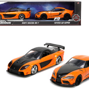 Han's Mazda RX-7 Orange Metallic and Matt Black and Toyota GR Supra Orange Metallic with Black Hood Set of 2 pieces Fast & Furious Series 1/32 Diecast Model Cars by Jada