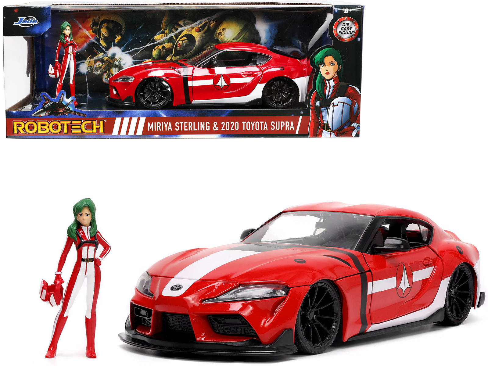 2020 Toyota Supra Red with Graphics and Miriya Sterling Diecast Figurine Robotech Hollywood Rides Series 1/24 Diecast Model Car by Jada