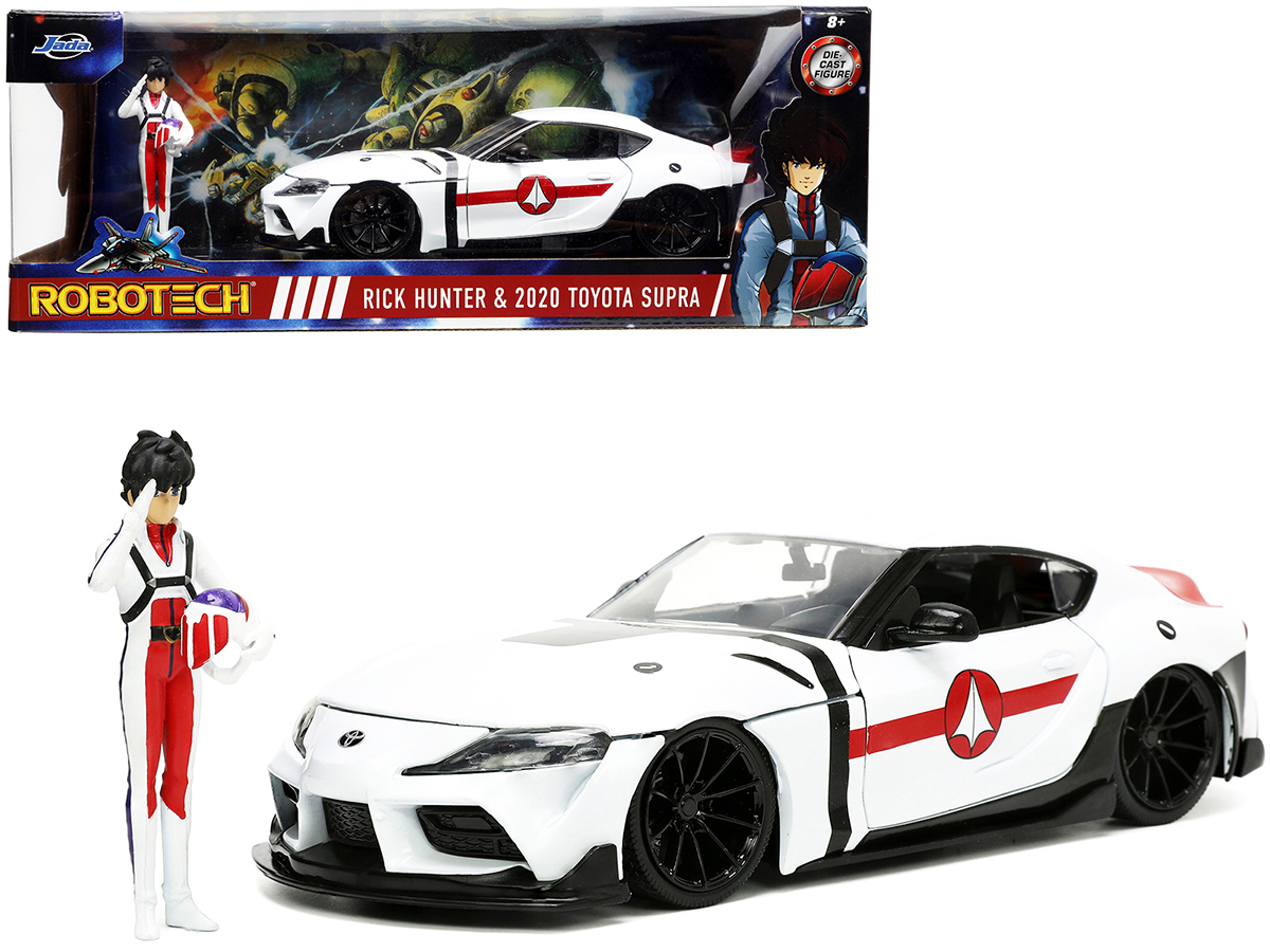 2020 Toyota Supra White and Rick Hunter Diecast Figurine Robotech Hollywood Rides Series 1/24 Diecast Model Car by Jada