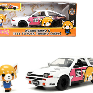 1986 Toyota Trueno (AE86) RHD (Right Hand Drive) #25 White with Graphics and Aggretsuko Diecast Figure Aggretsuko Anime Hollywood Rides Series 1/24 Diecast Model Car by Jada