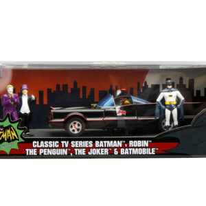 1966 Classic Batmobile with Diecast Batman The Joker The Penguin and Plastic Robin Sitting Inside The Car Batman TV Series (1966) Hollywood Rides Series 1/24 Diecast Model Car by Jada