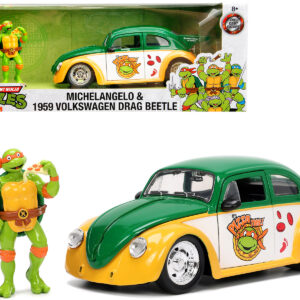 1959 Volkswagen Drag Beetle Green and Yellow and Michelangelo Diecast Figure Teenage Mutant Ninja Turtles Hollywood Rides Series 1/24 Diecast Model Car by Jada