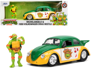 1959 Volkswagen Drag Beetle Green and Yellow and Michelangelo Diecast Figure Teenage Mutant Ninja Turtles Hollywood Rides Series 1/24 Diecast Model Car by Jada
