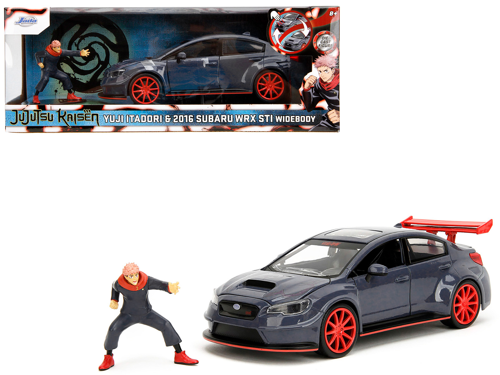 2016 Subaru WRX STI Widebody Dark Blue and Yuji Itadori Diecast Figure Jujutsu Kaisen (2020–2023) TV Series Anime Hollywood Rides Series 1/24 Diecast Model Car by Jada