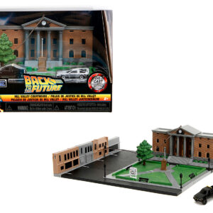 Hill Valley Courthouse Diorama with Black Pickup Truck and Delorean Back to the Future (1985) Movie Nano Scene Series Model by Jada