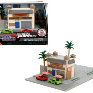 Toretto Cafe Diorama with Mitsubishi Eclipse Green and Ford F-150 SVT Lightning Red Fast and Furious Nano Scene Series Model by Jada