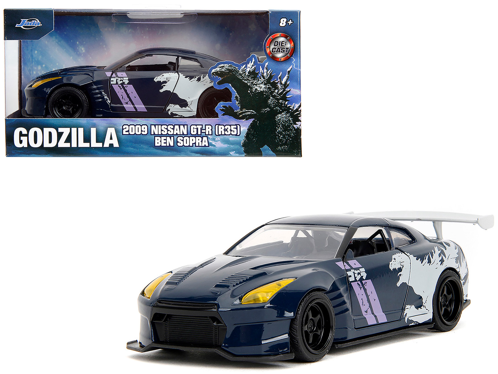 2009 Nissan GT-R (R35) Ben Sopra Dark Blue with Graphics Godzilla Hollywood Rides Series 1/32 Diecast Model Car by Jada