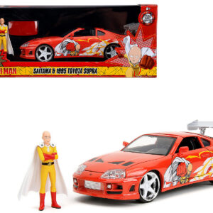 1995 Toyota Supra Red with Graphics and Saitama Diecast Figure One Punch Man (2015-2019) TV Series 1/24 Diecast Model by Jada