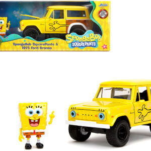 1973 Ford Bronco Yellow with Graphics and SpongeBob SquarePants Diecast Figure SpongeBob SquarePants (1999–Current) TV Series Hollywood Rides Series 1/24 Diecast Model Car by Jada