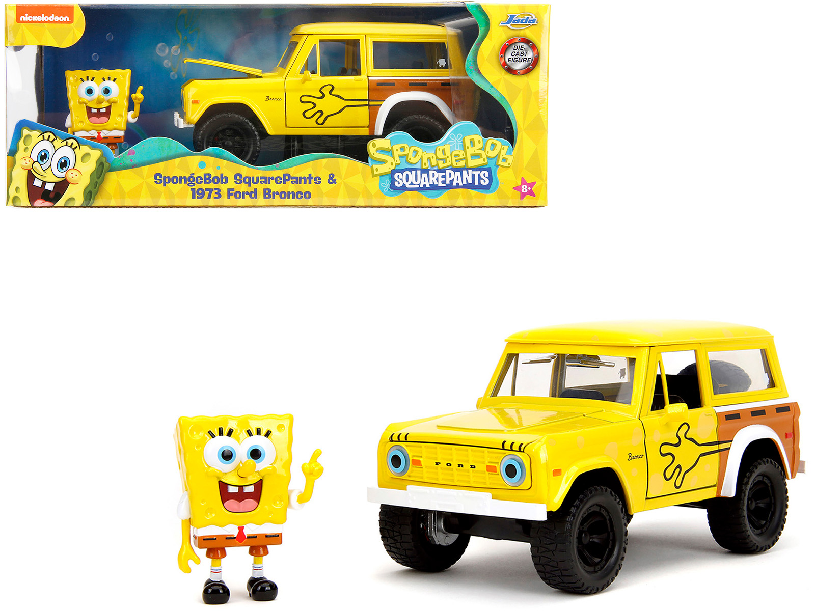 1973 Ford Bronco Yellow with Graphics and SpongeBob SquarePants Diecast Figure SpongeBob SquarePants (1999–Current) TV Series Hollywood Rides Series 1/24 Diecast Model Car by Jada