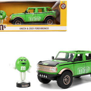 2021 Ford Bronco Green with Black Stripes and Green M&M's Diecast Figure Hollywood Rides Series 1/24 Diecast Model Car by Jada