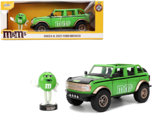 2021 Ford Bronco Green with Black Stripes and Green M&M's Diecast Figure Hollywood Rides Series 1/24 Diecast Model Car by Jada