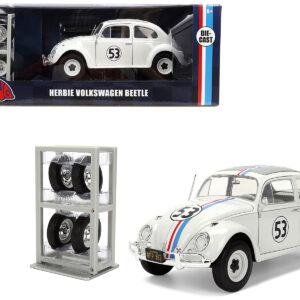 Volkswagen Beetle #53 Herbie White with Stripes The Love Bug (1968) Movie with Extra Wheels 1/24 Diecast Model Car by Jada