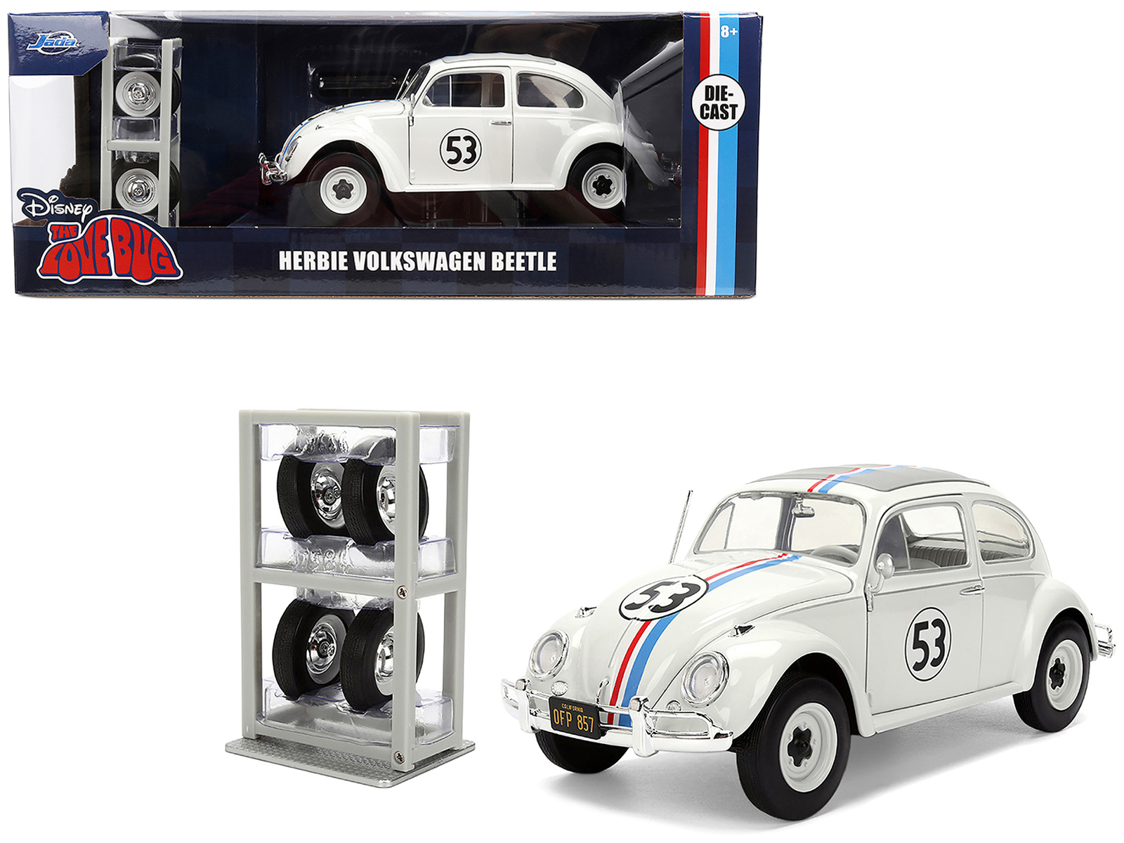 Volkswagen Beetle #53 Herbie White with Stripes The Love Bug (1968) Movie with Extra Wheels 1/24 Diecast Model Car by Jada
