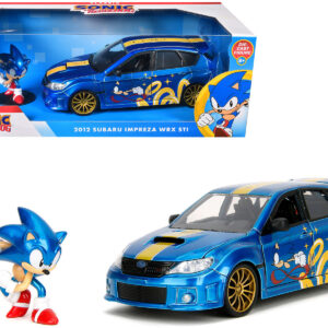 2012 Subaru Impreza WRX STI Blue Metallic with Graphics and Sonic The Hedgehog Diecast Figure Sonic The Hedgehog Hollywood Rides Series 1/24 Diecast Model Car by Jada