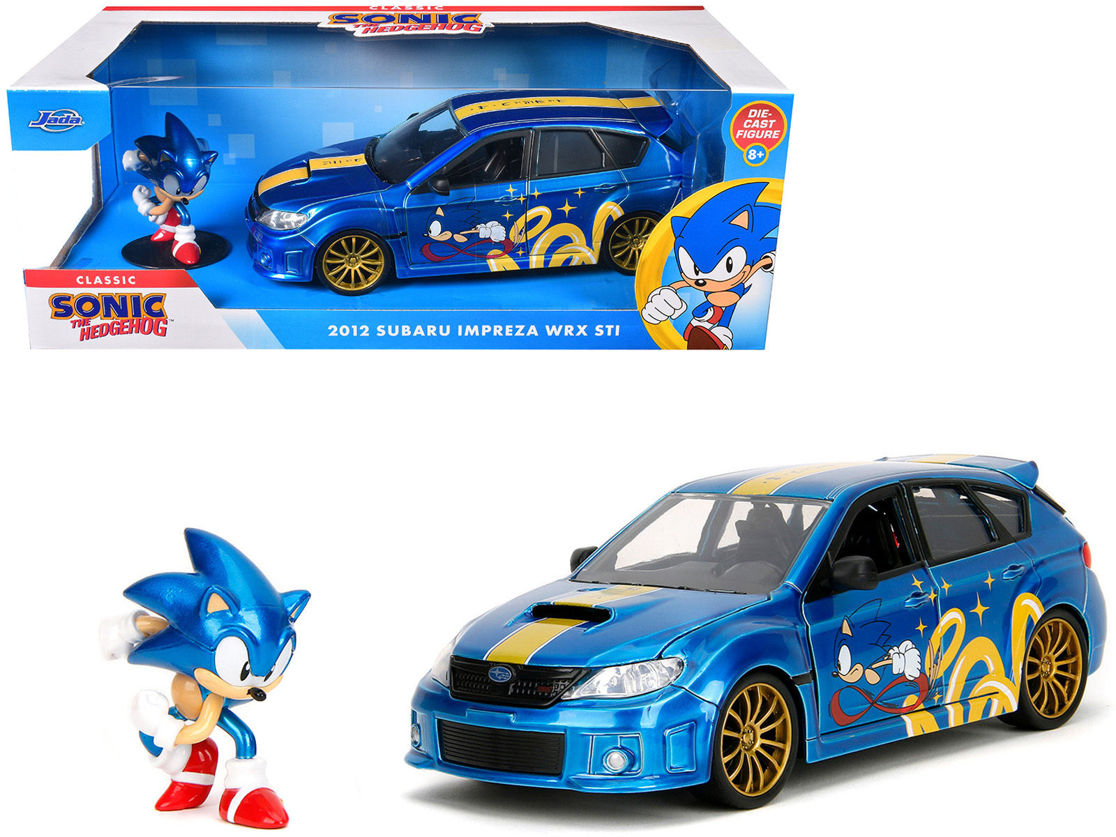 2012 Subaru Impreza WRX STI Blue Metallic with Graphics and Sonic The Hedgehog Diecast Figure Sonic The Hedgehog Hollywood Rides Series 1/24 Diecast Model Car by Jada