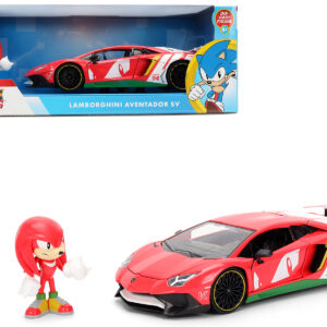 Lamborghini Aventador SV Red with Graphics and Knuckles Diecast Figure Sonic The Hedgehog Franchise Hollywood Rides Series 1/24 Diecast Model by Jada