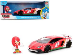 Lamborghini Aventador SV Red with Graphics and Knuckles Diecast Figure Sonic The Hedgehog Franchise Hollywood Rides Series 1/24 Diecast Model by Jada