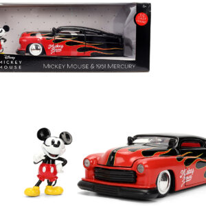 1951 Mercury Coupe Black with Flame Graphics and Red Interior and Mickey Mouse Diecast Figure Disney's Mickey Mouse Hollywood Rides Series 1/24 Diecast Model Car by Jada