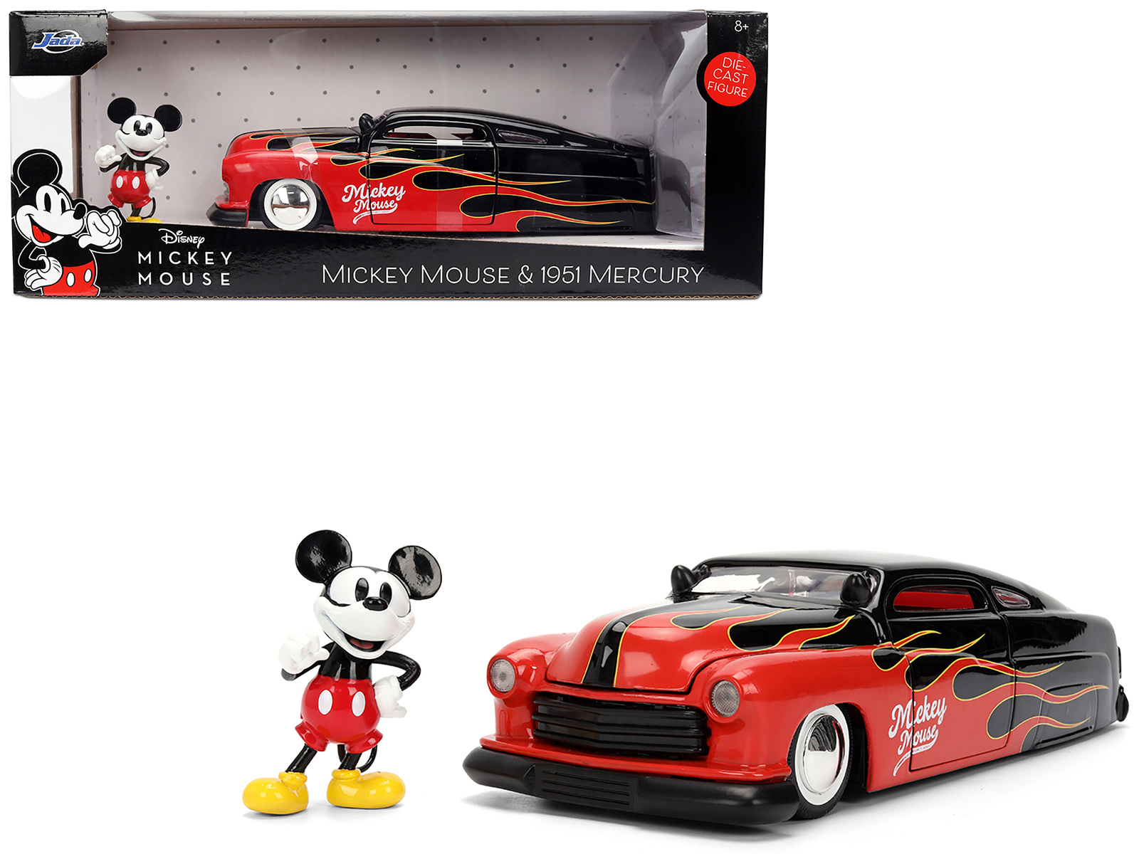 1951 Mercury Coupe Black with Flame Graphics and Red Interior and Mickey Mouse Diecast Figure Disney's Mickey Mouse Hollywood Rides Series 1/24 Diecast Model Car by Jada