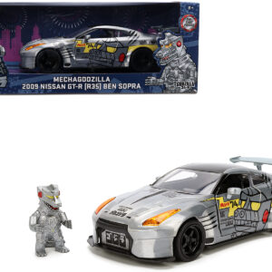2009 Nissan GT-R (R35) Ben Sopra Brushed Metal with Black Top and Graphics and Mechagodzilla Diecast Figure "Godzilla" Franchise "Anime Hollywood Rides" Series 1/24 Diecast Model by Jada