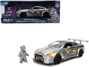 2009 Nissan GT-R (R35) Ben Sopra Brushed Metal with Black Top and Graphics and Mechagodzilla Diecast Figure Godzilla Franchise Anime Hollywood Rides Series 1/24 Diecast Model by Jada