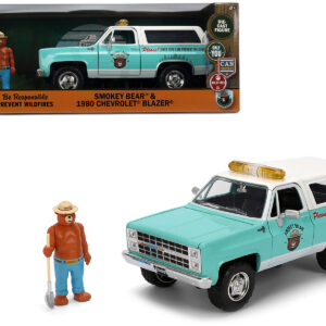 1980 Chevrolet Blazer Light Green with White Top and Graphics and Smokey Bear Diecast Figure Smokey Bear Hollywood Rides Series 1/24 Diecast Model by Jada