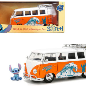 1961 Volkswagen Bus Catching Waves White and Orange with Stich Diecast Figure Disney's Stitch Hollywood Rides Series 1/24 Diecast Model by Jada