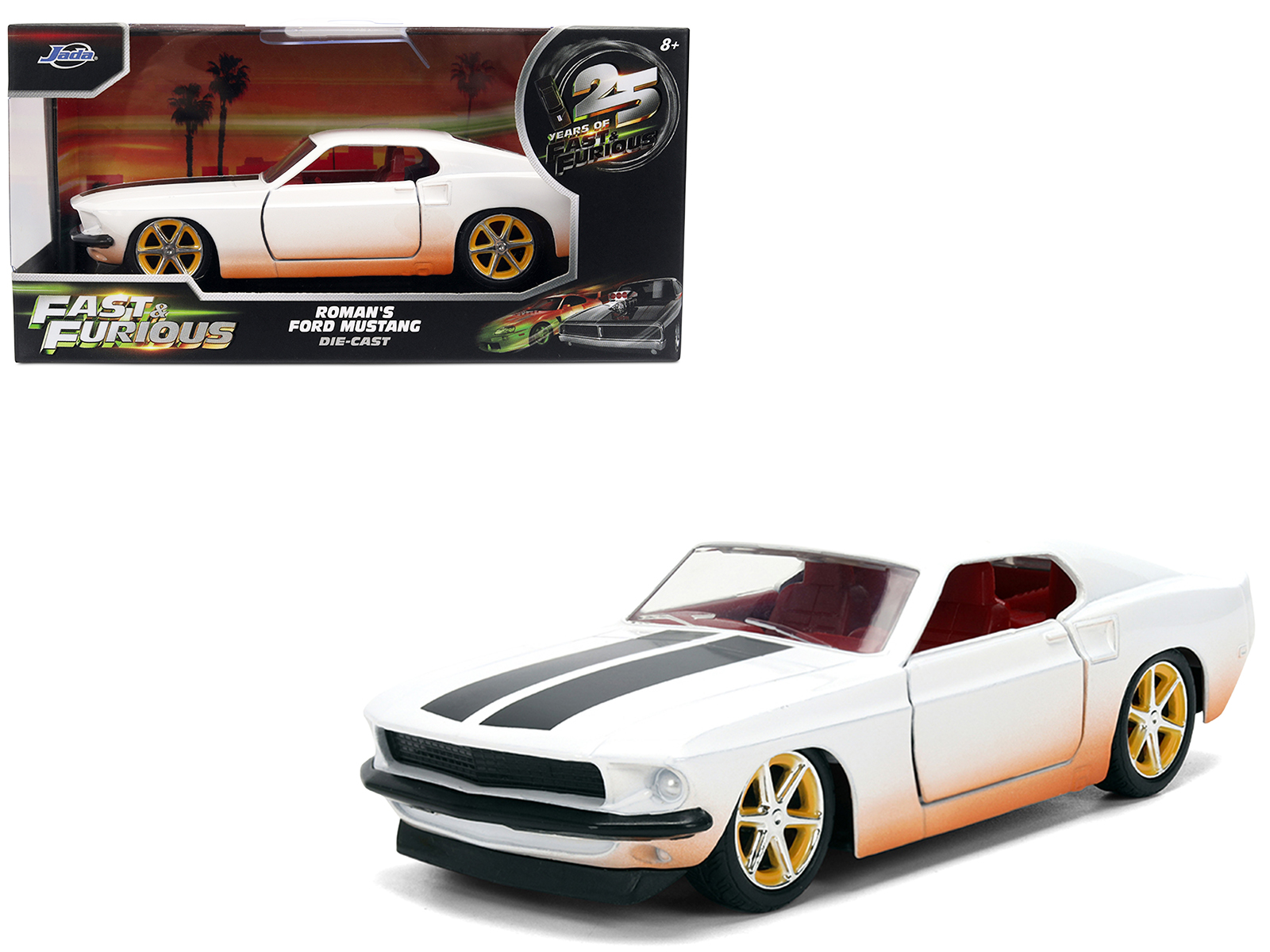 Roman's Ford Mustang White with Black Stripes and Red Interior (Dirty Version) Fast & Furious Movie Fast & Furious 25th Anniversary Series 1/32 Diecast Model Car by Jada