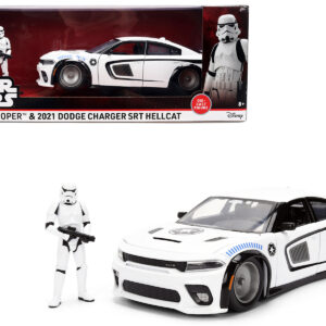 2021 Dodge Charger SRT Hellcat White with Graphics and Stormtrooper Figure Star Wars Franchise Hollywood Rides Series 1/24 Diecast Model Car by Jada