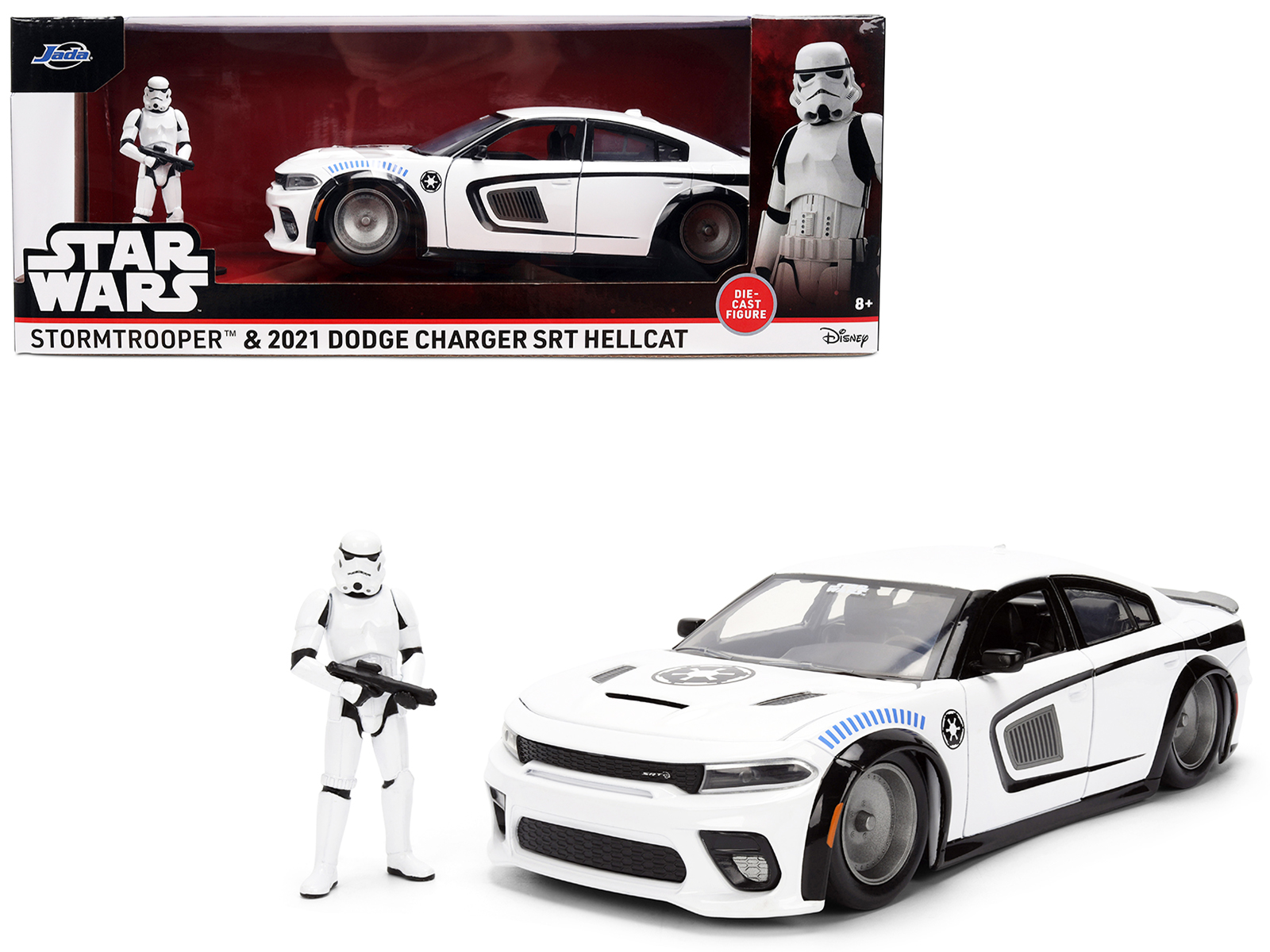 2021 Dodge Charger SRT Hellcat White with Graphics and Stormtrooper Figure Star Wars Franchise Hollywood Rides Series 1/24 Diecast Model Car by Jada