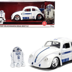 1959 Volkswagen Drag Beetle White with Graphics and R2-D2 Figure Star Wars Franchise Hollywood Rides Series 1/24 Diecast Model Car by Jada
